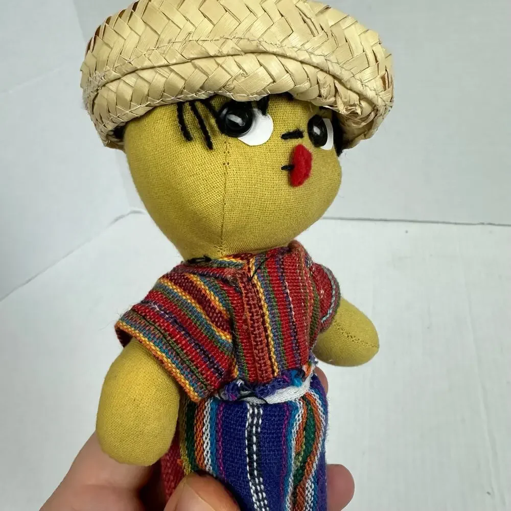 Handmade Folk Cloth Rag Doll Belize Boy Man Straw Hat